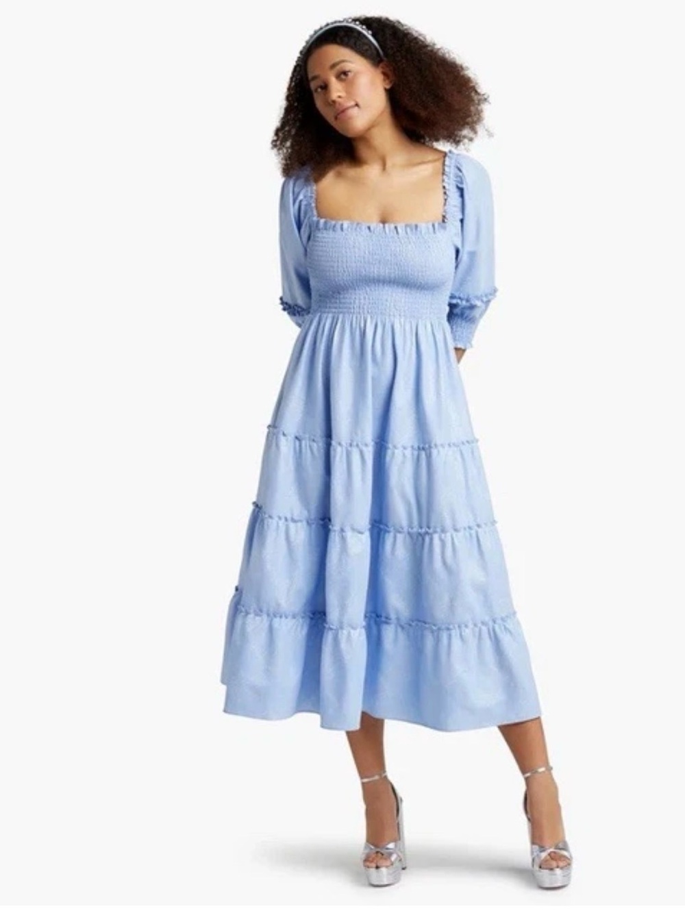 HILL HOUSE NESLI Nap DressLight Blue Metallic Check Sz SMALL Prarie Cottagecore